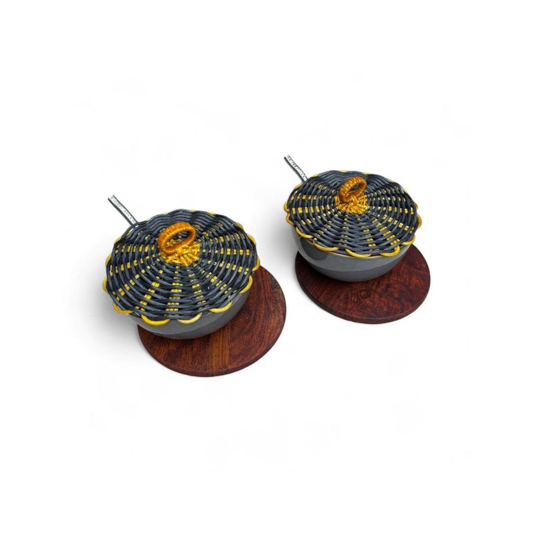 Soup Bowl with Cane Lid, Plate & Steel Spoon – Amber