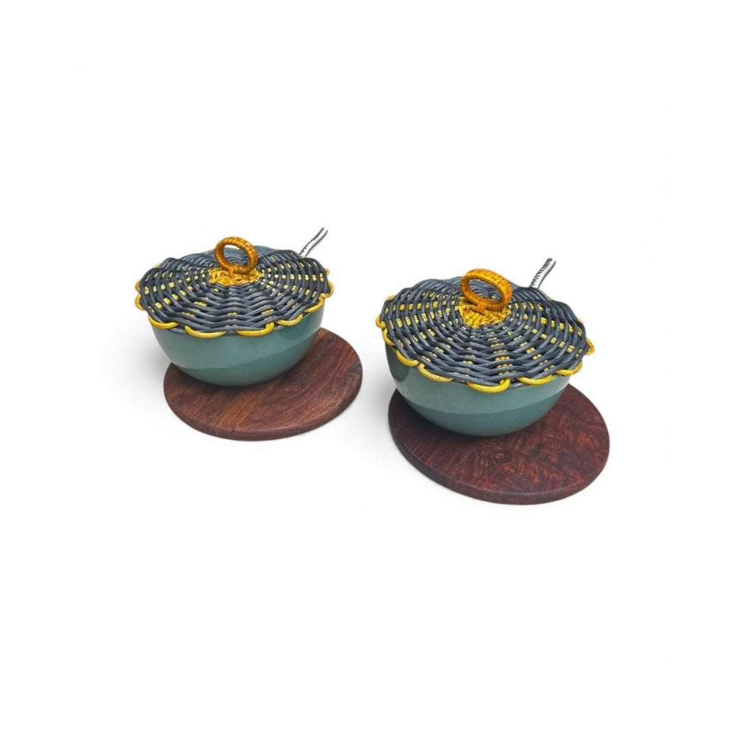 Soup Bowl with Cane Lid, Plate & Steel Spoon – Peacock