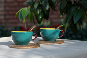 Soup Cup with Etched Saucer and Spoon - Peacock