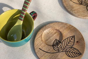 Soup Cup with Etched Saucer and Spoon - Peacock