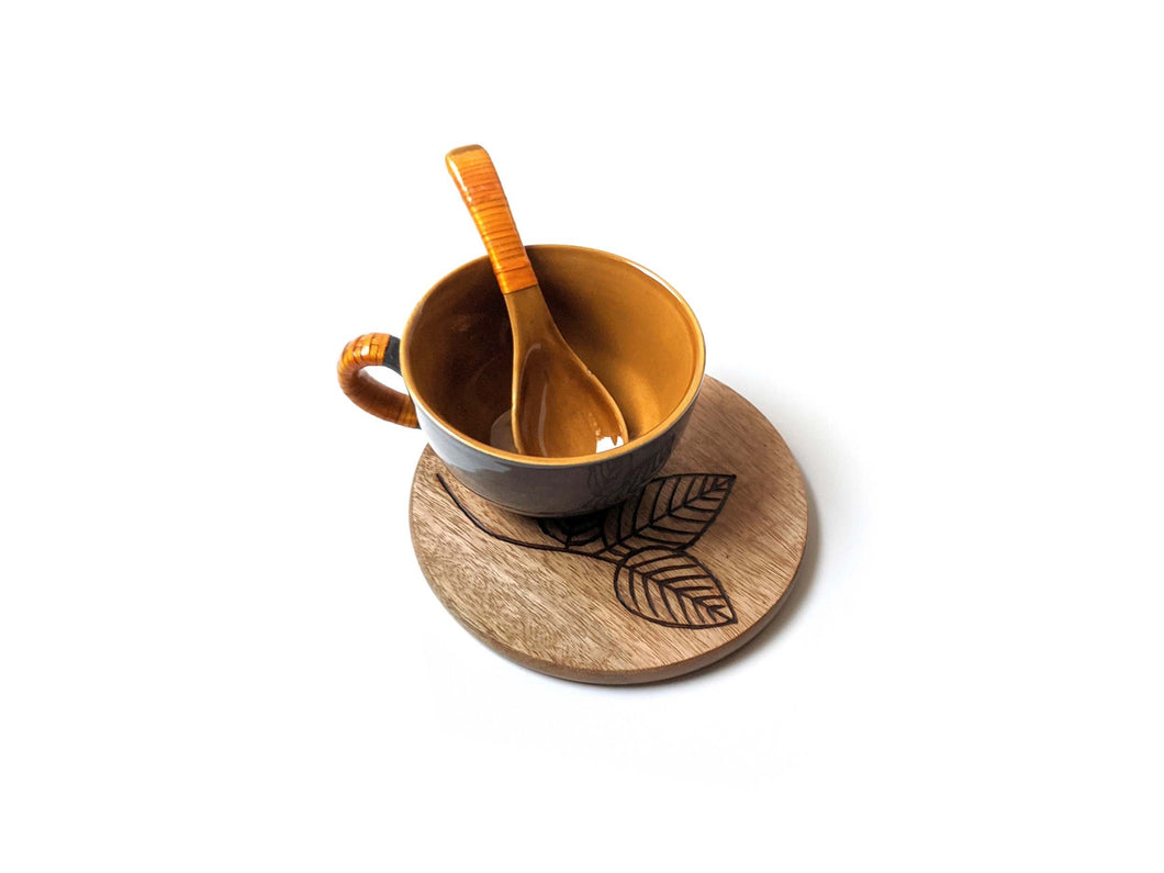 Soup Cup with Etched Saucer and Spoon - Sylvan (Grey-Mustard)